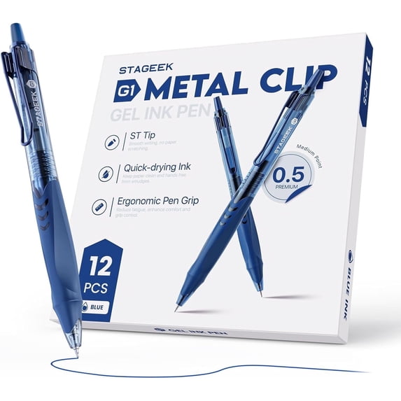 STAGEEK 12 Pack Blue Gel Pens, Quick Dry Blue Ink Pen, 0.5mm Fine Point Retractable Smooth Writing Pens for Journaling, Writing, Business Gel Pen for Office Home Supplies(Blue)