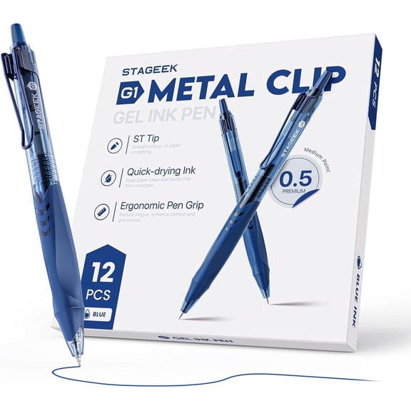 STAGEEK 12 Pack Blue Gel Pens, Quick Dry Blue Ink Pen, 0.5mm Fine Point Retractable Smooth Writing Pens for Journaling, Writing, Business Gel Pen for Office Home Supplies(Blue)
