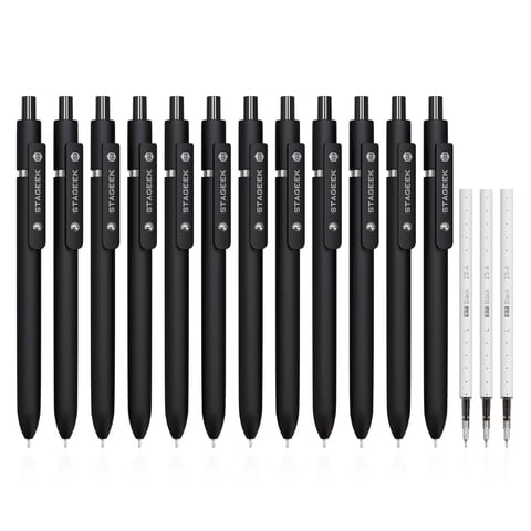 STAGEEK Black Gel Pens GX3, 12Pcs Fine Point Smooth Writing Pens with 3 Extra Refills, Quick Dry Black Ink Pens for Journaling, Writing, Office, Note Taking, Nurse Aesthetic