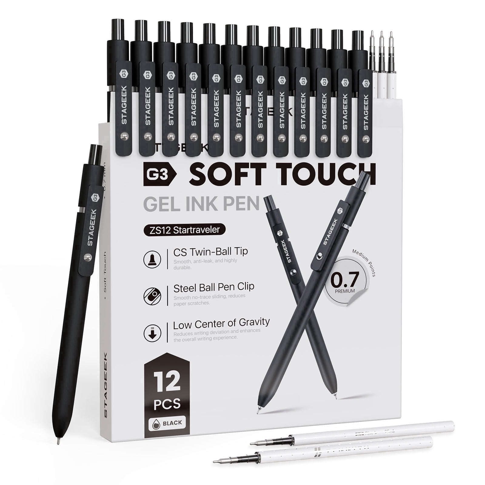 STAGEEK Black Gel Pens GX3, 12Pcs Fine Point Smooth Writing Pens