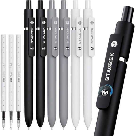 STAGEEK Black Gel Pens GX3, 6Pcs Fine Point Smooth Writing Pens with 3 Extra Refills, Black Ink Pens for Journaling, Writing, Office, Note Taking, Nurse Aesthetic(Black Gray White)