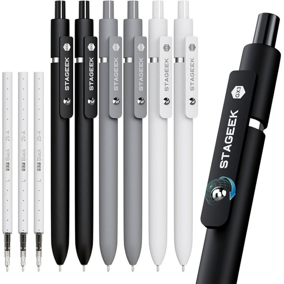 STAGEEK Black Gel Pens, 6Pcs Fine Point Smooth Writing Pens with 3 Extra Refills, Black Ink Pens for Journaling, Office, Note Taking, Nurse Aesthetic(Black Gray White)