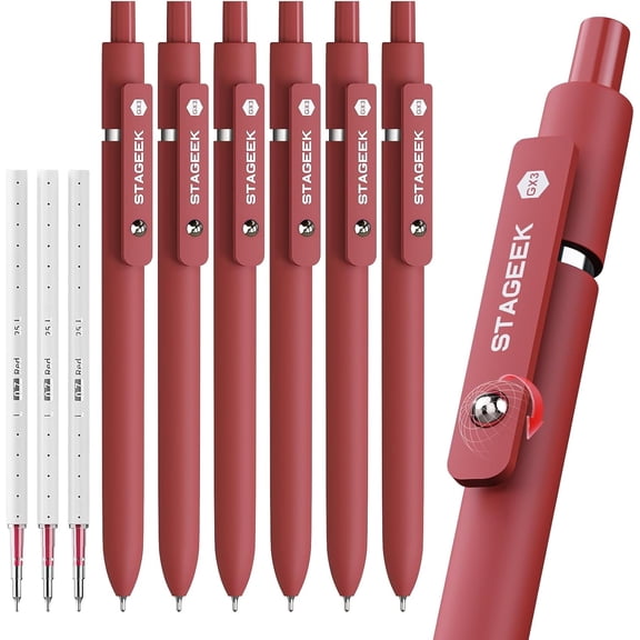 STAGEEK Red Gel Pens, 6Pcs Quick Dry Red Ink Pens with 3 Extra Refills, Fine Point Retractable Smooth Writing Pens for Journaling, Note Taking, Nurse Aesthetic, Office(Red)