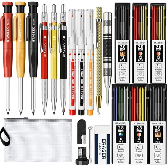 STAGEEK 22 Pack Mechanical Carpenter Pencil Set with Sharpener 60 Refills, Automatic Center Punch, Carbide Scribe Tool, Eraser and Deep Hole Marker Pen