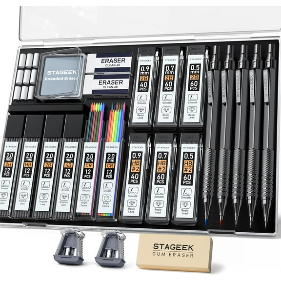 STAGEEK 25PCS Art Mechanical Pencil Set, 3PCS Metal lead pencil 0.5, 0.7, 0.9, 2PCS 2mm Drawing Pencil (HB 2H 2B 4B Color) with 392PCS Graphite Leads, Eraser with Case for Drafting Writing Black