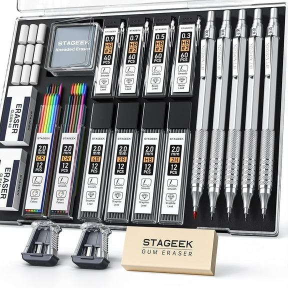 STAGEEK 21PCS Metal Mechanical Pencil Set, Art Lead Pencil 0.3, 0.5, 0.7, 0.9, 2mm Holder(HB 2H 2B 4B Color) with 10 Tubes Graphite Lead Refills Eraser with Case for Drafting Drawing Sketching