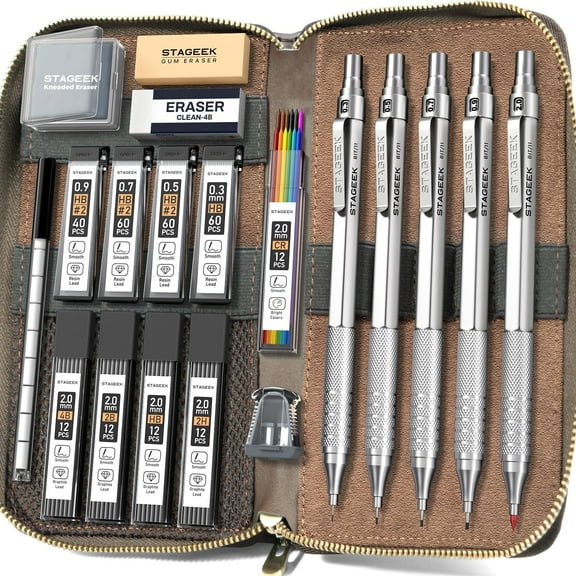 STAGEEKC Metal Mechanical Pencil Set in Leather Case, 5PCS Art Drafting Pencil 0.3, 0.5, 0.7, 0.9 & 2mm Lead Holder, 9 Tube (4B 2B HB 2H Colors) Lead Refills for Drawing, Sketching, Writing (Silver)