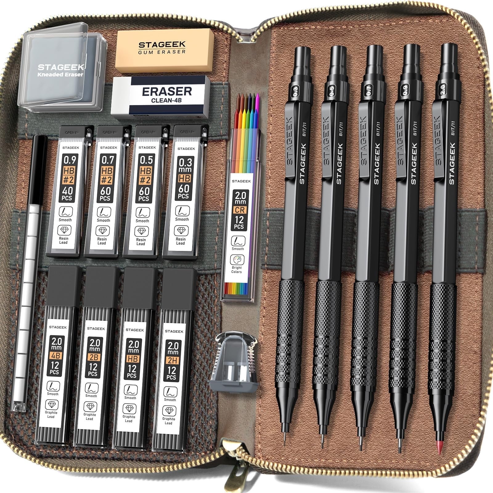 STAGEEKC Metal Mechanical Pencil Set in Leather Case, 5PCS Art Drafting Pencil 0.3, 0.5, 0.7, 0.9 & 2mm Lead Holder, 9 Tube (4B 2B HB 2H Colors) Lead Refills for Drawing, Sketching, Writing (Black)