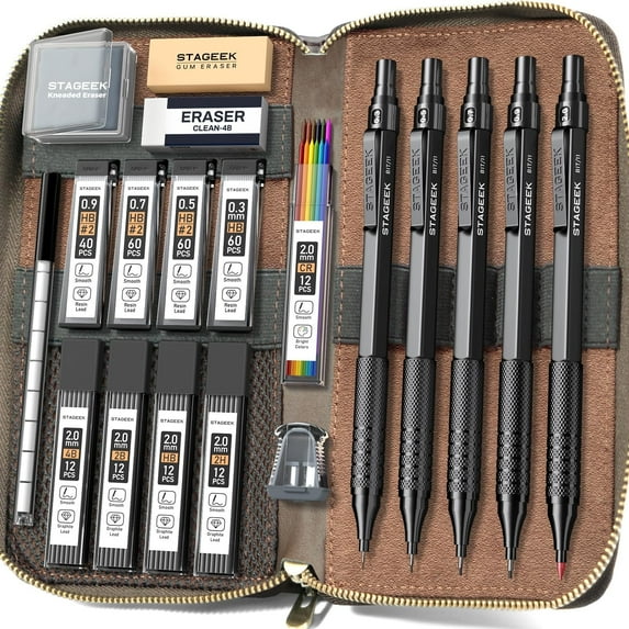 STAGEEKC Metal Mechanical Pencil Set in Leather Case, 5PCS Art Drafting Pencil 0.3, 0.5, 0.7, 0.9 & 2mm Lead Holder, 9 Tube (4B 2B HB 2H Colors) Lead Refills for Drawing, Sketching, Writing (Black)
