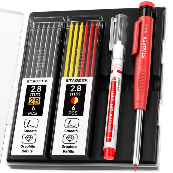 STAGEEK Carpenter Pencils Set with Sharpener, Heavy Duty Woodworking Tools with 13 Refills (Red, Black, Yellow), Construction Pencil and Deep Hole Long Nib Marker Pen for Architect Marking with Case