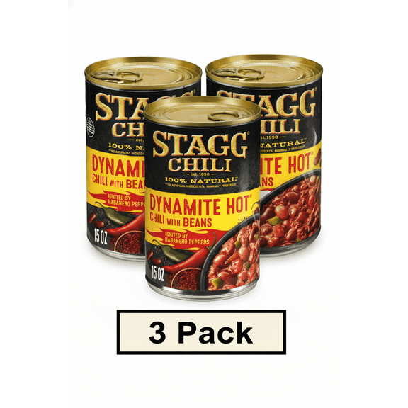STAGG Dynamite Hot Chili With Beans, Habanero Spicy Beef Chili, 15 oz Shelf-Stable Can 3-Pack Combo