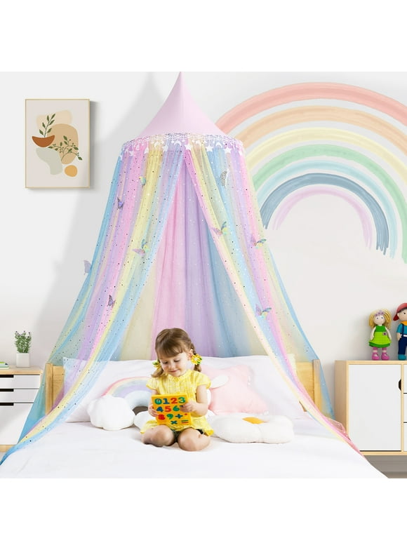STAHMFOVER Rainbow Kids Bed Canopy for Girls Baby Crib with Butterfly Fairy Dream Princess Bed Canopy Hanging Mosquito Net Reading Nook Canopies Room Decor