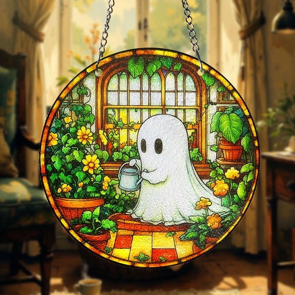 Cute Ghost Plant Stained Glass Suncatcher Ghost Watering Plants Cottagecore Window Hanging Garden Decor