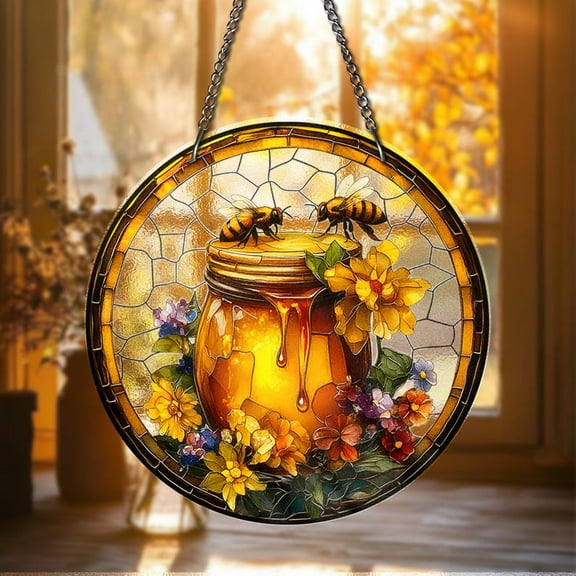 STAINED GLASS Honey Jar Suncatcher with Bees & Flowers Vibrant Window Hanging, Bee Lover Gift, Cottagecore Decor Home Decor
