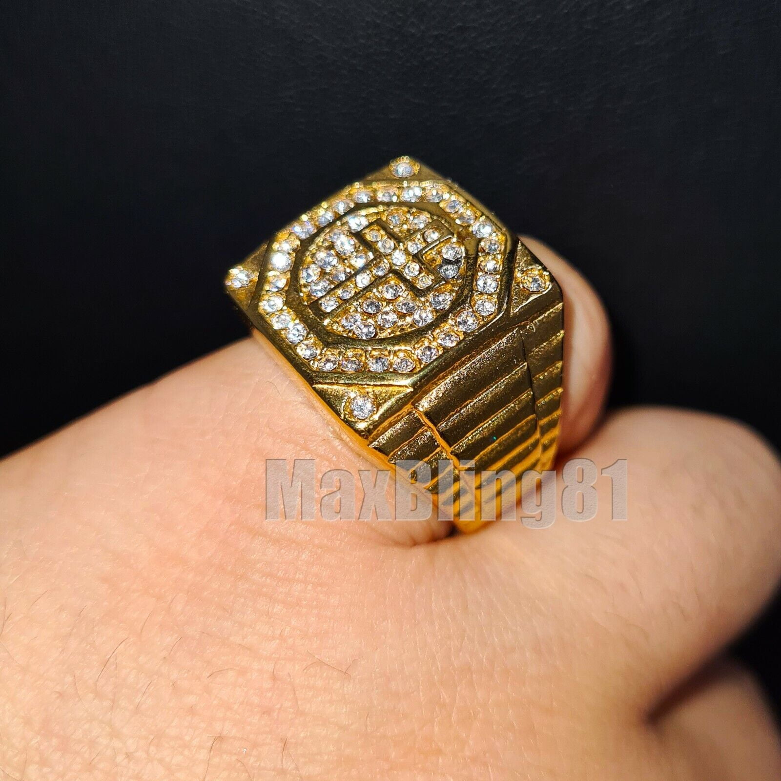 STAINLESS STEEL HIP HOP GOLD TONE LAB DIAMOND BLING CROSS PINKY RING ...