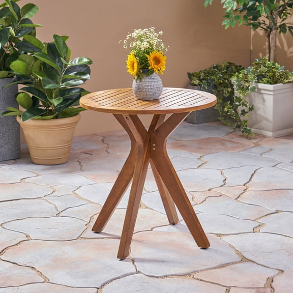 STAMFORD 27.5 Acacia Wood Outdoor Bistro Table, Weather-Resistant Round Patio Table with Sturdy X-Base, Perfect for Backyard Dinners, BBQ Serving, Balcony Seating, Teak
