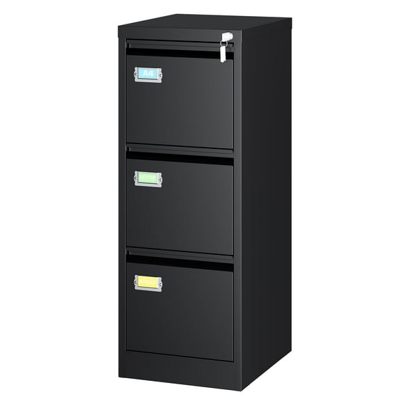 STANI 3 Drawer Black File Cabinet with Lock,Metal Locking Filing Cabinets for Home Office, Vertical Filing Cabinet Organizer for Legal/A4 Office
