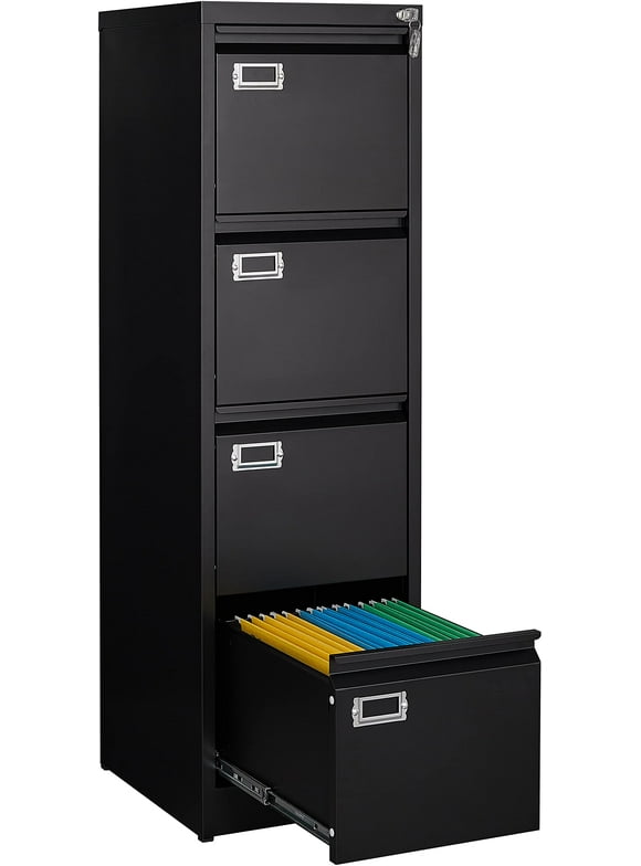 STANI 4 Drawer File Cabinet with Lock, Black Vertical Metal Filing Cabinets Home Office Storage File Cabinet for Hanging Files Folders Letter/Legal/A4 Size