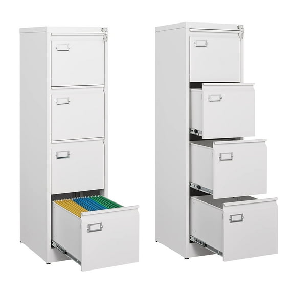 STANI 4 Drawer White File Cabinet with Lock, Vertical Filing Cabinets for Home Office, Metal Locking Office File Storage Cabinets with Drawers for Legal/A4