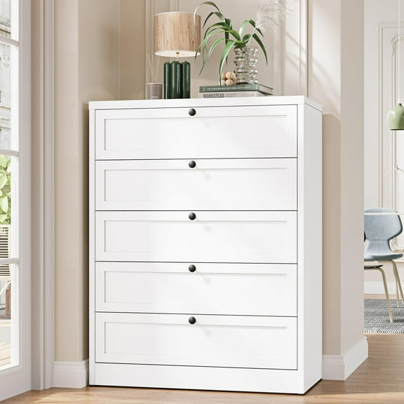 STANI 5 Drawer Dresser Storage for Bedroom, Metal Chest of Drawers Tall White Closet Organizers and Storage Clothes, 41" H Accent Storage Cabinet for Living Room, Entryway, Hallway