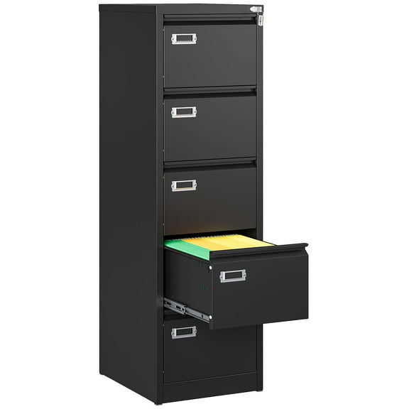 STANI 5 Drawer File Cabinets with Lock, Metal Filing Cabinet for Home Office, Steel Lockable Storage Cabinets to Hanging Letter/Legal/A4,Assembly Required(Black)