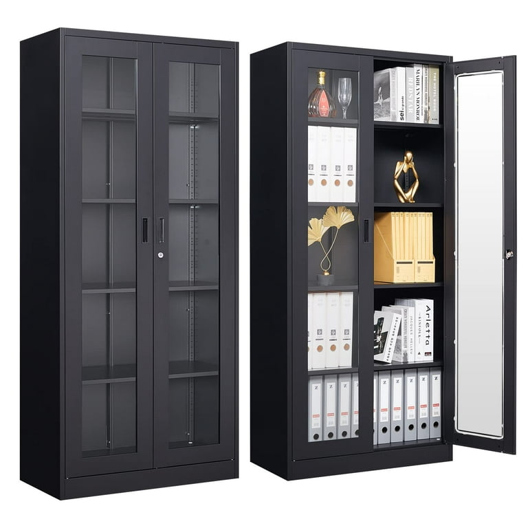 JASMODER Black Glass Cabinet Display Case 4 Shelves with Door