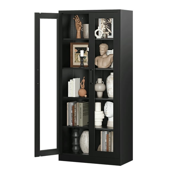 STANI 67" Curio Cabinet Glass Display Cabinet with 4 Adjustable Shelves, Tall Bookshelf Bookcase with Glass Doors, Lockable Metal Storage Cabinet Modern Liquor Cabinet for Home Office Pantry Bathroom