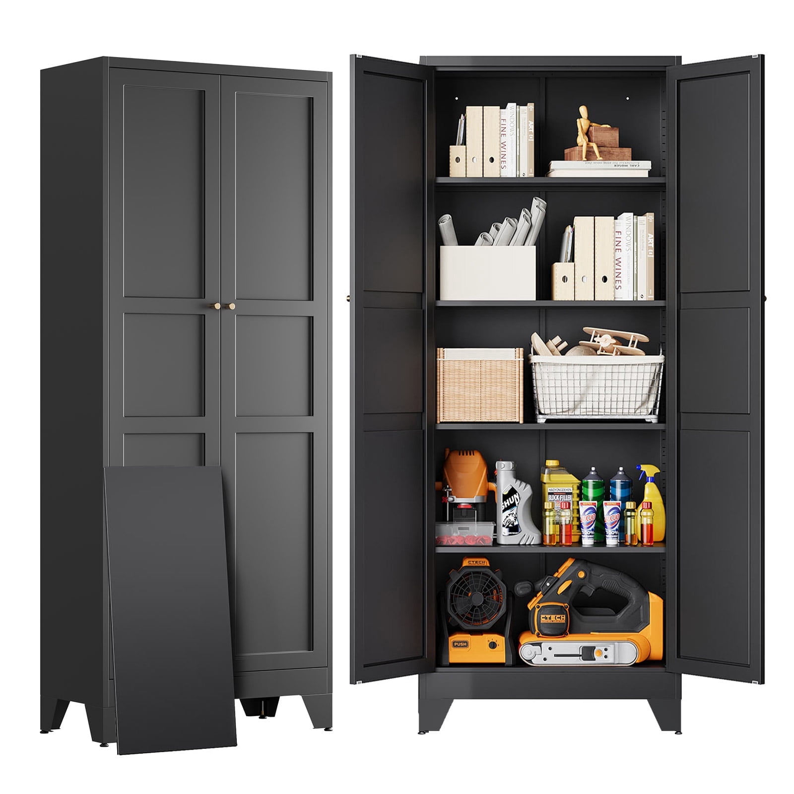 STANI 75"H Freestanding Storage Cabinet with 4 Adjustable Shelves and Legs, Metal/Alloy Steel, for Cupboard/Dining Room/Bathroom/Living Room/Office/Laundry Room (Black, 75"H)