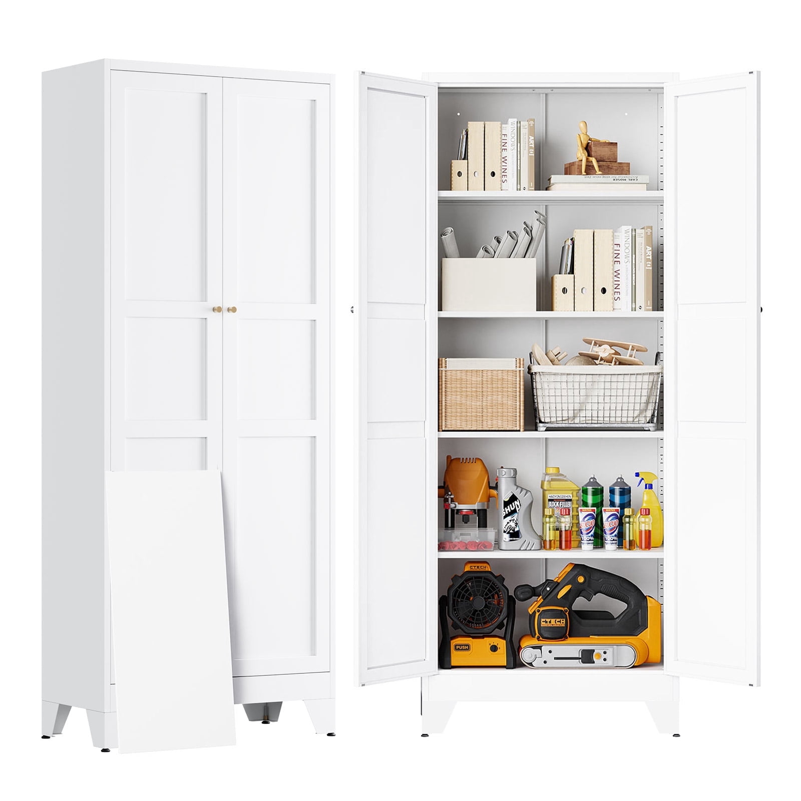 STANI 75"H Freestanding Storage Cabinet with 4 Adjustable Shelves and Legs, Metal/Alloy Steel, for Cupboard/Dining Room/Bathroom/Living Room/Office/Laundry Room (White, 75"H)