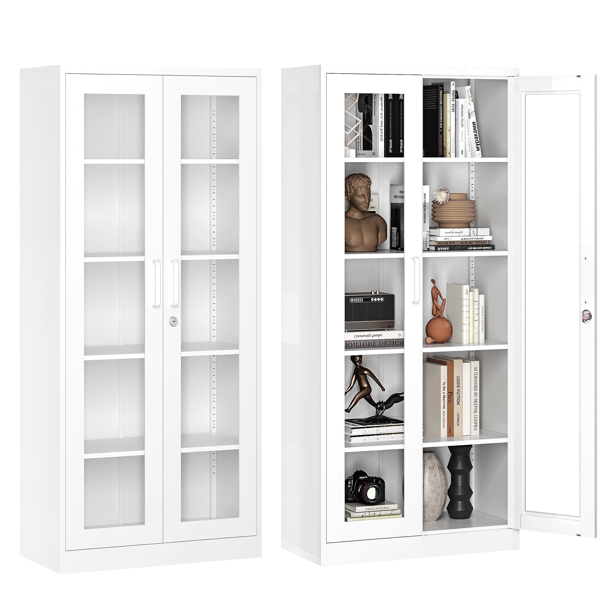 STANI 71"H Metal Glass Display Cabinet, 4 Adjustable Shelves,Lockable Storage Cabinets with Tempered Glass Door, for Home Office Pantry Bathroom,White