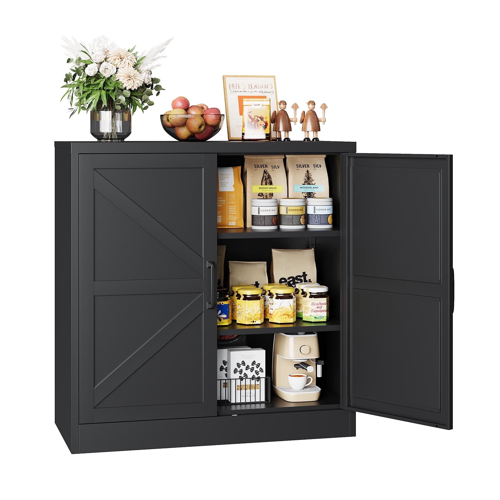 STANI Freestanding Steel Storage Cabinet with 2 Adjustable Shelves for Home Office, Dining Room, storeroom, Rustic Style/Farmhouse,Black