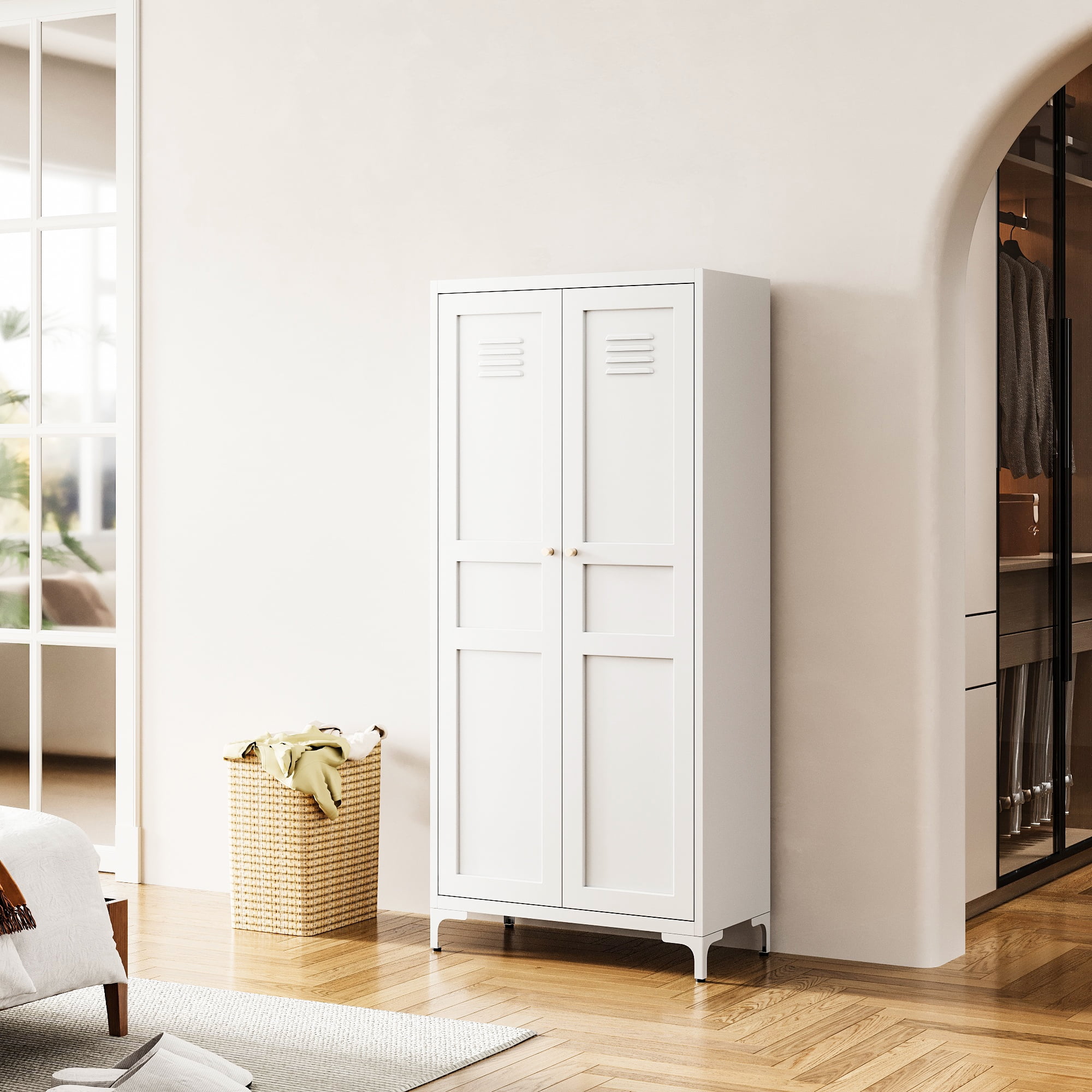 STANI Freestanding Storage Cabinet with 4 Adjustable Shelves and Legs, Metal/Alloy Steel, for Cupboard/Dining Room/Bathroom/Living Room/Office/Laundry Room (White, 61"H)