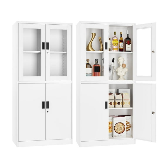 STANI Heavy Duty Metal Cabinet with Lock, Tall Office Storage Cabinet with Glass Door, Lockable White Steel Cabinet with 2 Adjustable Shelves for Home, Clinic, Pantry, Basement