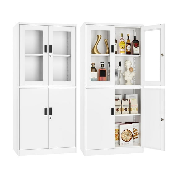 STANI Heavy Duty Metal Cabinet with Lock, Tall Office Storage Cabinet with Glass Door, Lockable White Steel Cabinet with 2 Adjustable Shelves for Home, Clinic, Pantry, Basement