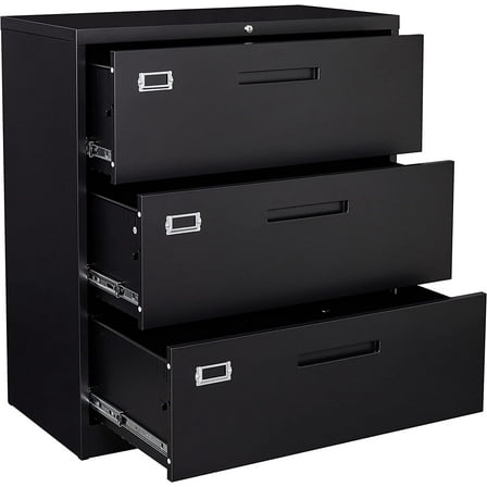 STANI Lateral File Cabinet with Lock, 3 Drawer Metal Lockable Filing Cabinet for Hanging Files Letter/Legal/F4/A4 Size, Assembly Required - Black