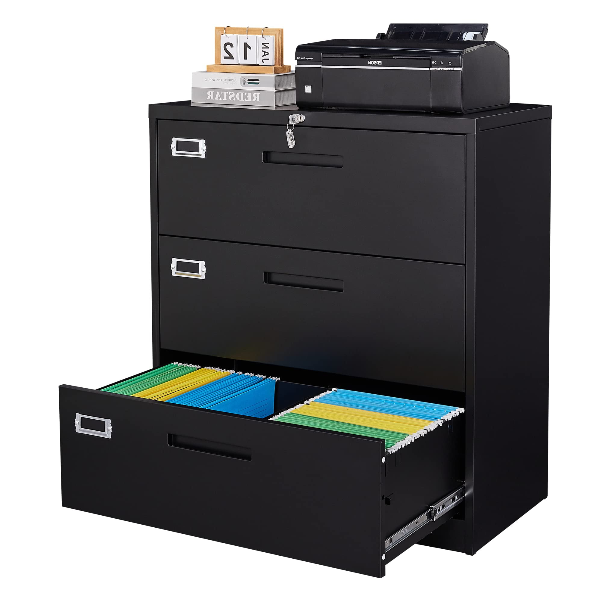 Black Steel 3-Drawer Lockable Lateral File Cabinet