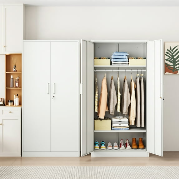 STANI Metal Armoire Closet with Lock, 72" Tall Wardrobe Cabinet with Hanging Rod,White Steel Clothing Locker Storage for Home,Bedroom,Office,Employee