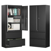 STANI Metal Storage Cabinet with 2 Drawers and 2 Doors, Lockable File Cabinet with Adjustable Shelves, Steel Cabinets for Office,Home,Garage,Warehouse-Black
