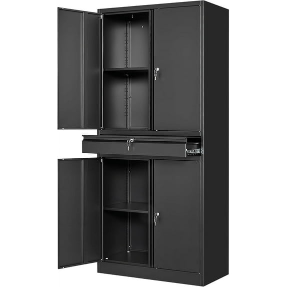 STANI Metal Garage Storage Cabinets with Drawer, 4 Doors Tool Storage Cabinet with 2 Adjustable Shelves, 71"-Lock Steel Locking Cabinet for Garage Utility Room Home Office (Black, 0 Wheel-71 H)