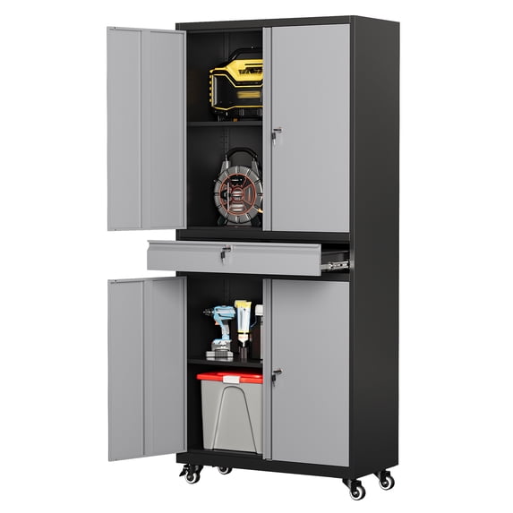 STANI Metal Garage Storage Cabinets with Drawer, 4 Doors Tool Storage Cabinet with 2 Adjustable Shelves, 72"H Rolling Steel Locking Cabinet for Garage Utility Room Home Office (Black Gray, 4 Wheel)