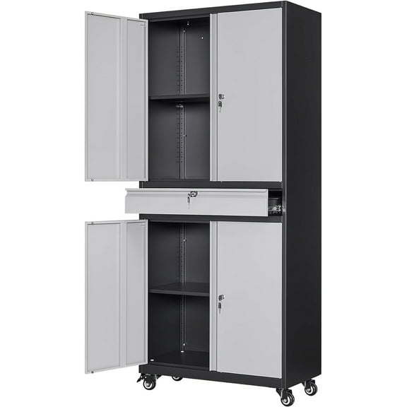 STANI Metal Garage Storage Cabinets with Drawer, 4 Doors Tool Storage Cabinet with 2 Adjustable Shelves, 72"-Rolling Steel Locking Cabinet for Garage Utility Room Home Office(Black Grey, 4 Wheel-72H)