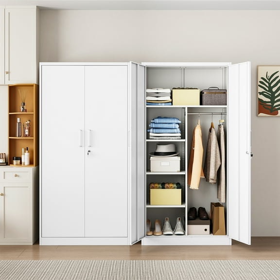 STANI Metal Locker Storage Cabinet, 72” White Tall Steel Wardrobe,Employees Locker with Hanging Rod Bar, Shelves and Lockable Doors for Home, Office - Assembly Required