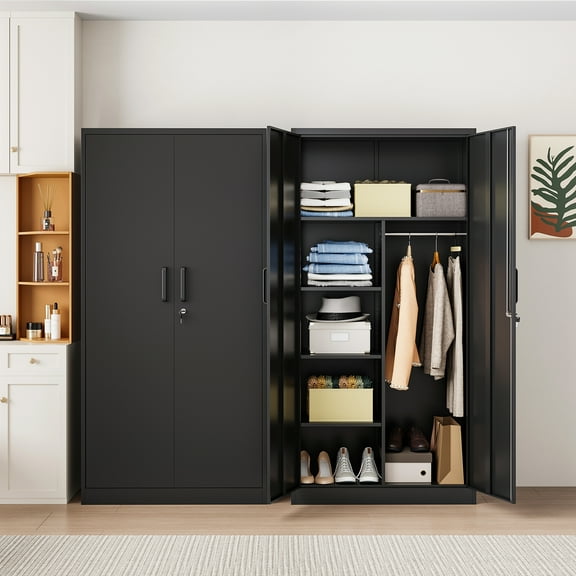 STANI Metal Locker Storage Cabinet, Employees Locker with Hanging Rod Bar, 71” Black Tall Steel Wardrobe for Home, Office (Assembly Required)