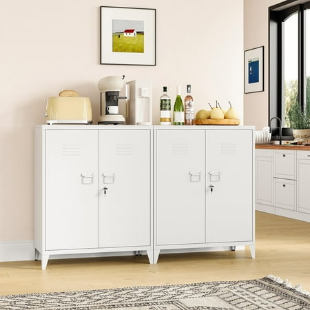 STANI Metal Locker with 2 Doors, White Storage Sideboard Accent Cabinets for Kitchen, Pantry, Home Office and Garage