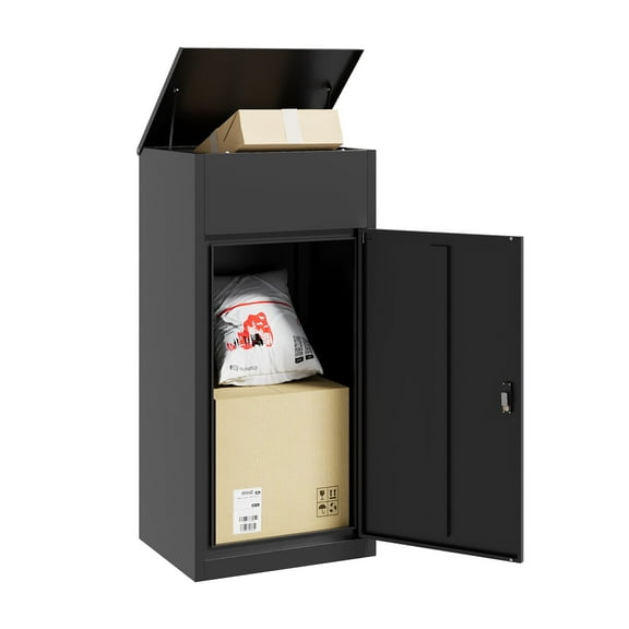 STANI Metal Package Delivery Boxes with Coded Lock, Anti-theft Baffle, Express Mail Package Drop Box for Porch, Curbside, Outdoor, Black, 41.3"H x 19.7"W x 16.1"D