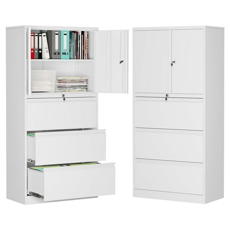 STANI Metal Storage Cabinet with 3 Drawers and 2 Doors, Lockable File Cabinet with Adjustable Shelves, Steel Cabinets for Office,Home,Garage,Warehouse-White