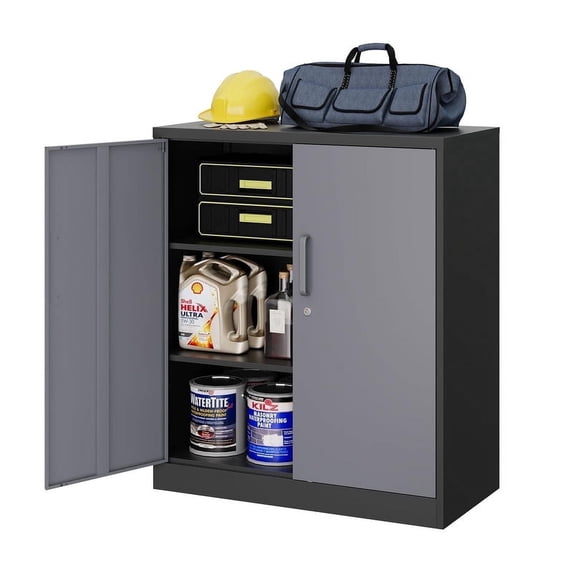 STANI Metal Storage Cabinet Gray Black, 2 Doors, 2 Shelves, Locabble, 35.5" x 31.5" x 15.7"