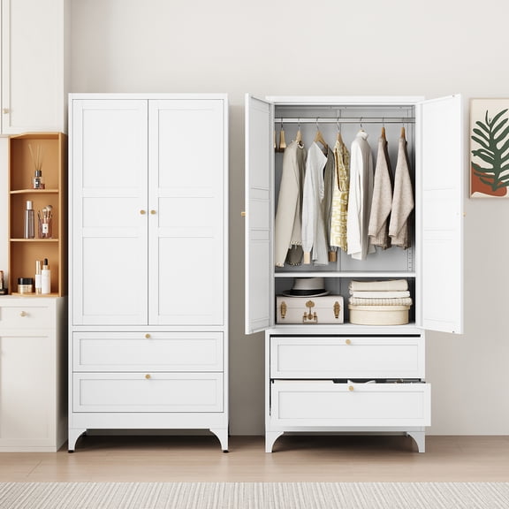 STANI Metal Wardrobe Closet with 2 Drawer, 71"H White Armoire Wardrobe Cabinet with Hanging Rod, Clothes Storage Organizer Cabinets for Bedroom, Bathroom, Office