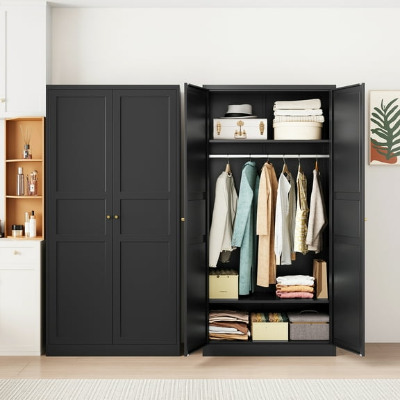 STANI Metal Wardrobe Closet with Hanging Rod, 72" Black Armoire Wardrobe Cabinet with Adjustable Shelves, Clothes Storage Organizer Cabinets for Bedroom, Office