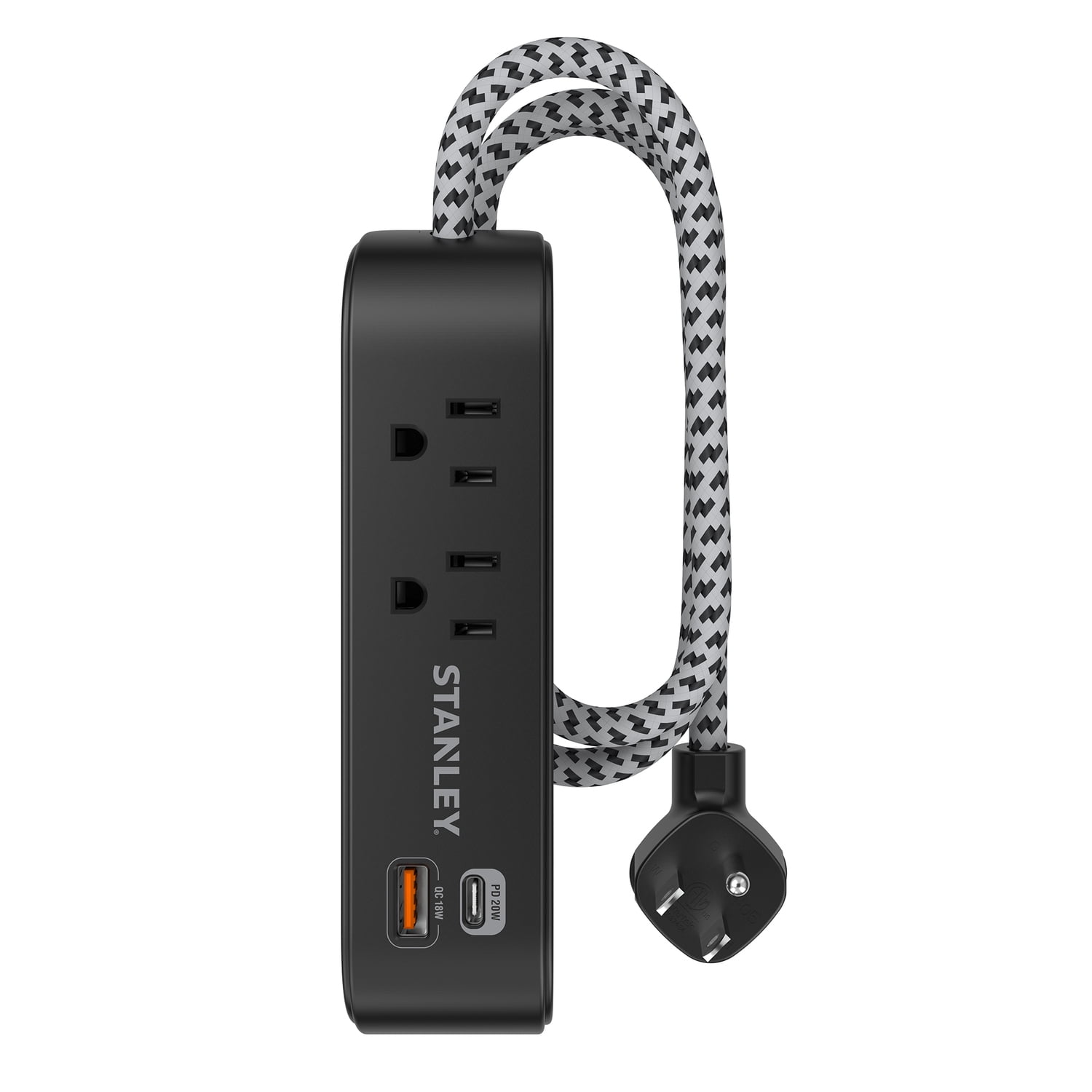 STANLEY 2-AC Outlet 2-USB Port 300-Joules SurgeMax Surge Protector Power Strip with PD, 6-Ft. Fabric-Braided Cord with Low-Profile Plug, Black, 33255